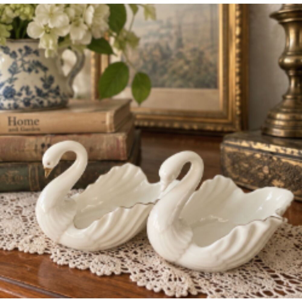 Vintage Lenox Swan Trinket Dishes Pair Porcelain Made USA Vanity Jewelry Decor